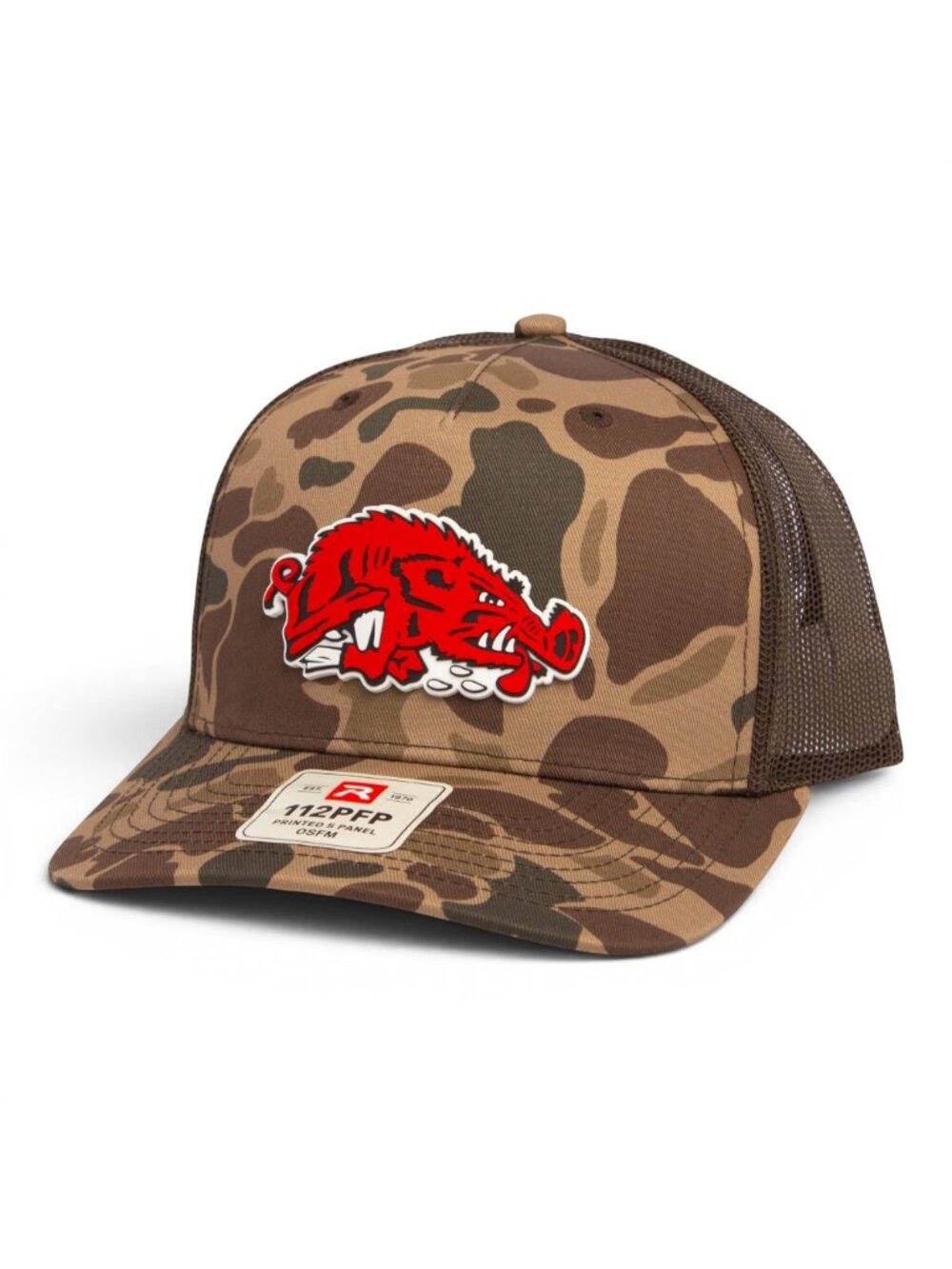 Arkansas Razorbacks Slobbering Hog 3D Snapback Trucker Hat- Bark Duck Camo